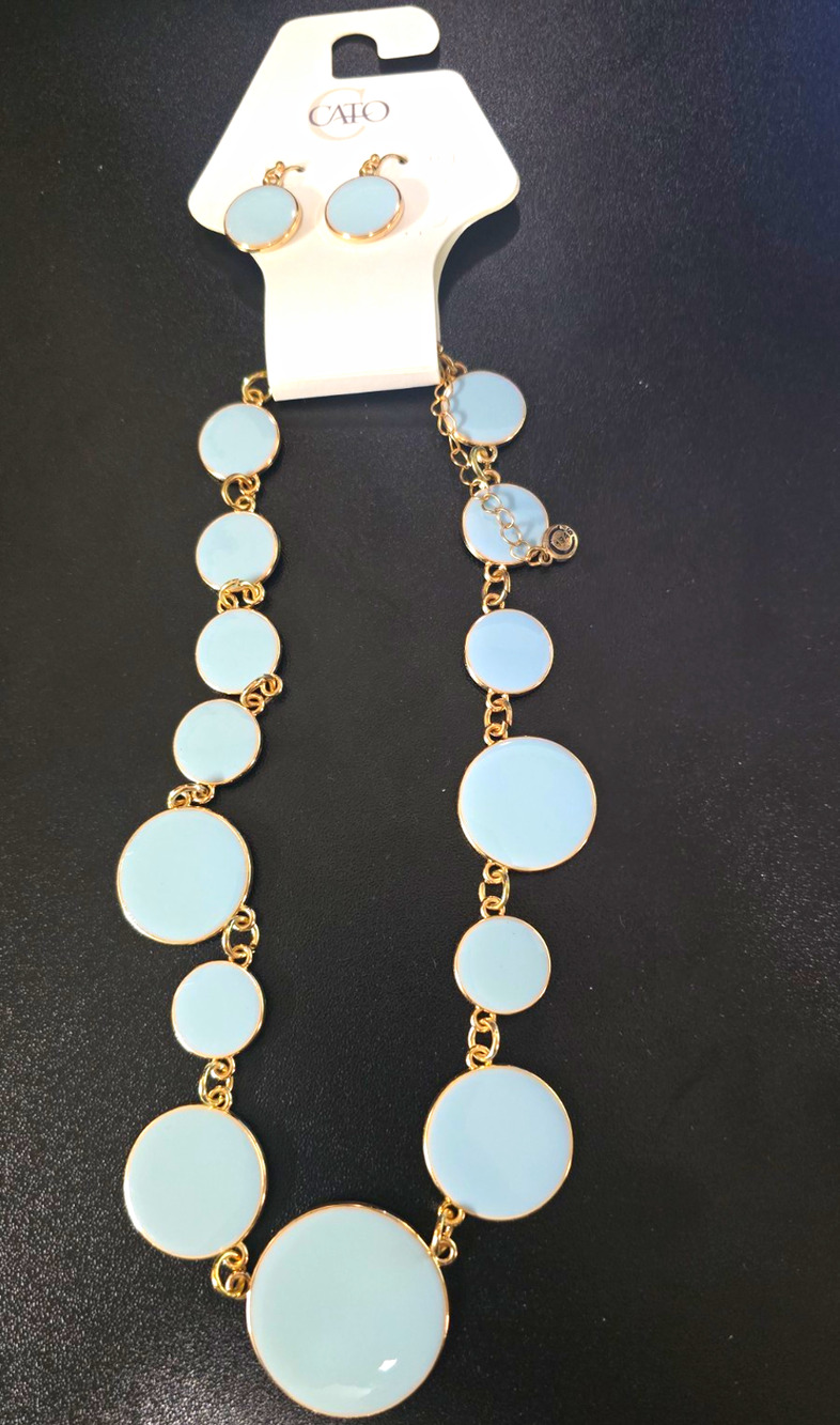 Cato Gold Tone Blue Round Disc Necklace & Stud Earrings Jewelry Set No Stone
